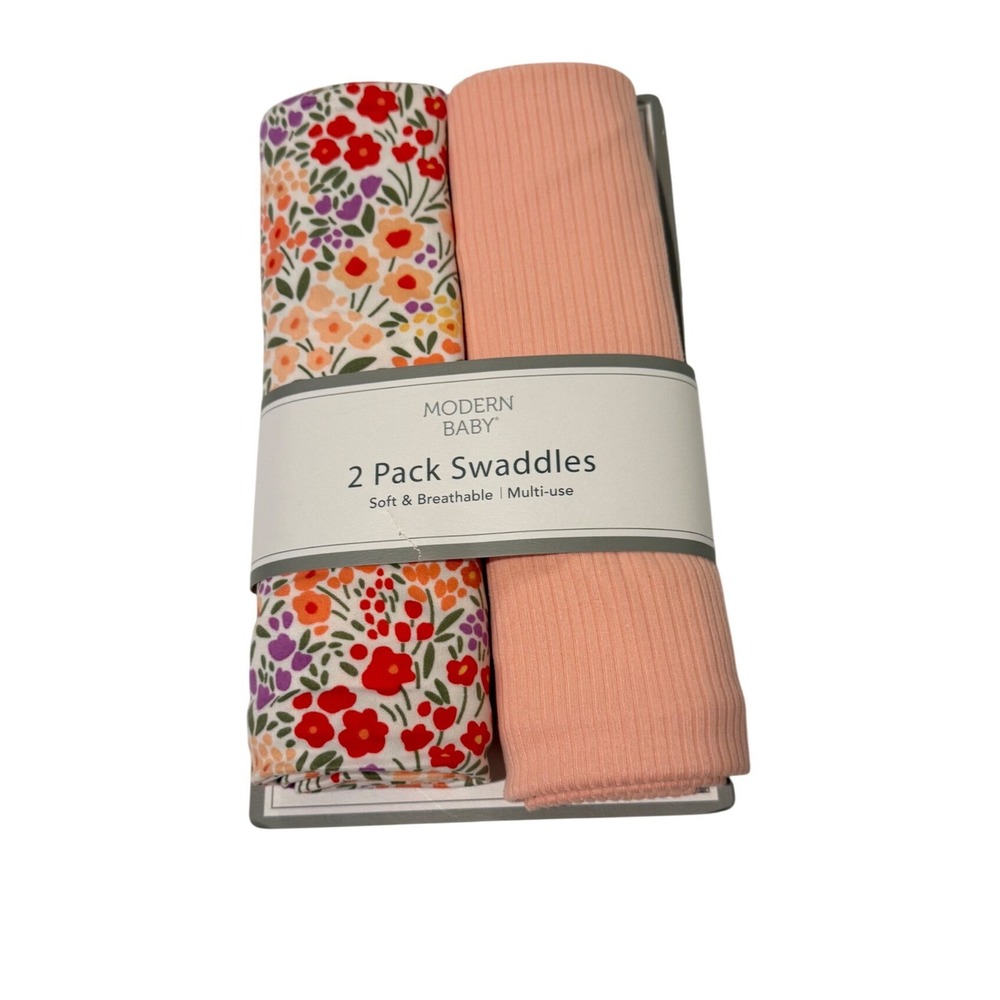 Modern Baby 2 Pack Baby Blanket Swaddles Floral Ribbed Peach Pink Soft 30x40 NEW